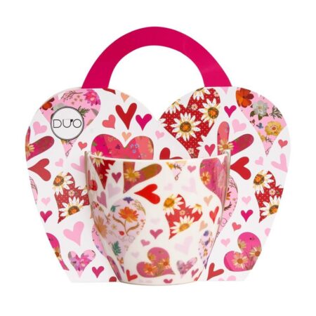 Kubek 460 ml w "koszyczku" RÓŻOWE SERCA