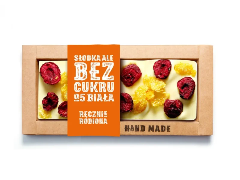 Biała czekolada bez dodatku cukru – wiśnia, mandarynka