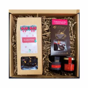 Zestaw prezentowy na święta herbata, czekolada, miód, konfitura