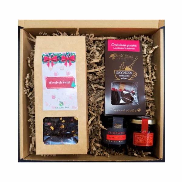 Zestaw prezentowy na święta herbata, czekolada, miód, konfitura