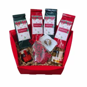 Zestaw świąteczny czterech herbat, czekolada, miód, konfitura