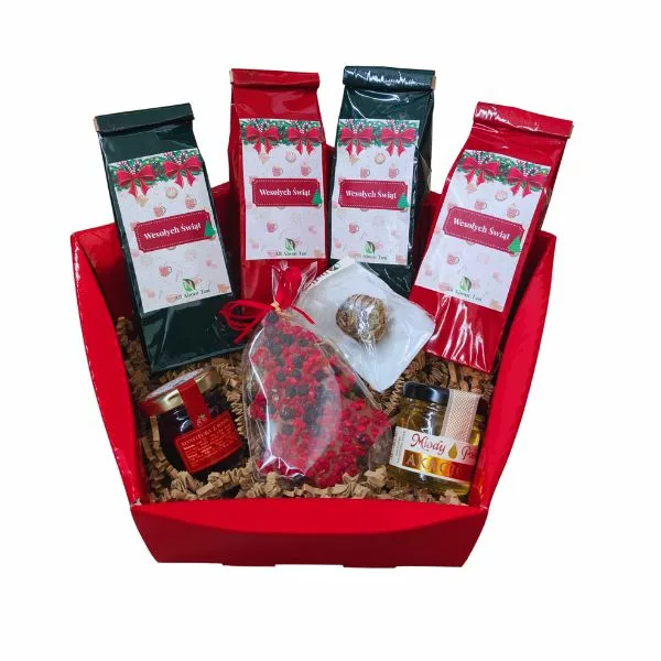 Zestaw świąteczny czterech herbat, czekolada, miód, konfitura