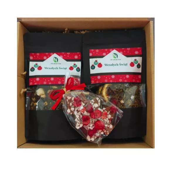 Zestaw prezentowy dwie herbaty i choinka z czekolady
