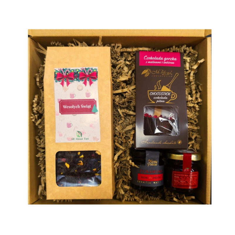 Zestaw prezentowy na święta herbata, czekolada, miód, konfitura