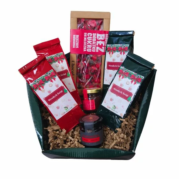 Zestaw świąteczny czterech herbat, czekolada, miód, konfitura