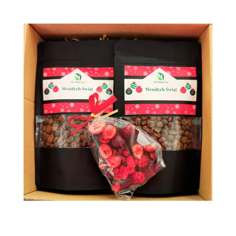 Zestaw prezentowy dla kawosza na święta dwie kawy, czekolada w eko pudełku